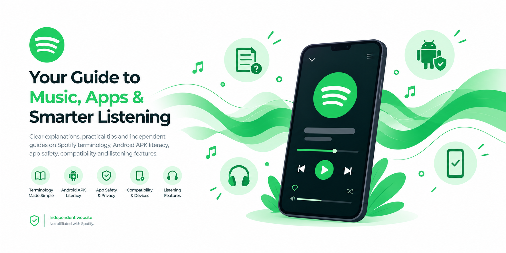 White and green editorial illustration about music apps, Android APK literacy and safety